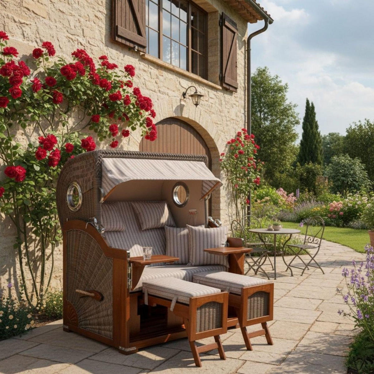 STRANDKORB Komplettset: Ammersee Grande XL Mahagoni Bullauge - PE grau - Modell 501 - Braun/Grau, Holz/Kunststoff (142/165/95cm) - bene living