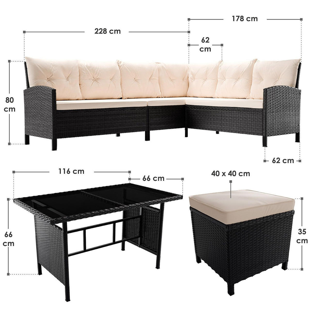 LOUNGEGARNITUR Manacor schwarz, creme inkl. Abdeckung - Creme, Kunststoff/Metall - Juskys