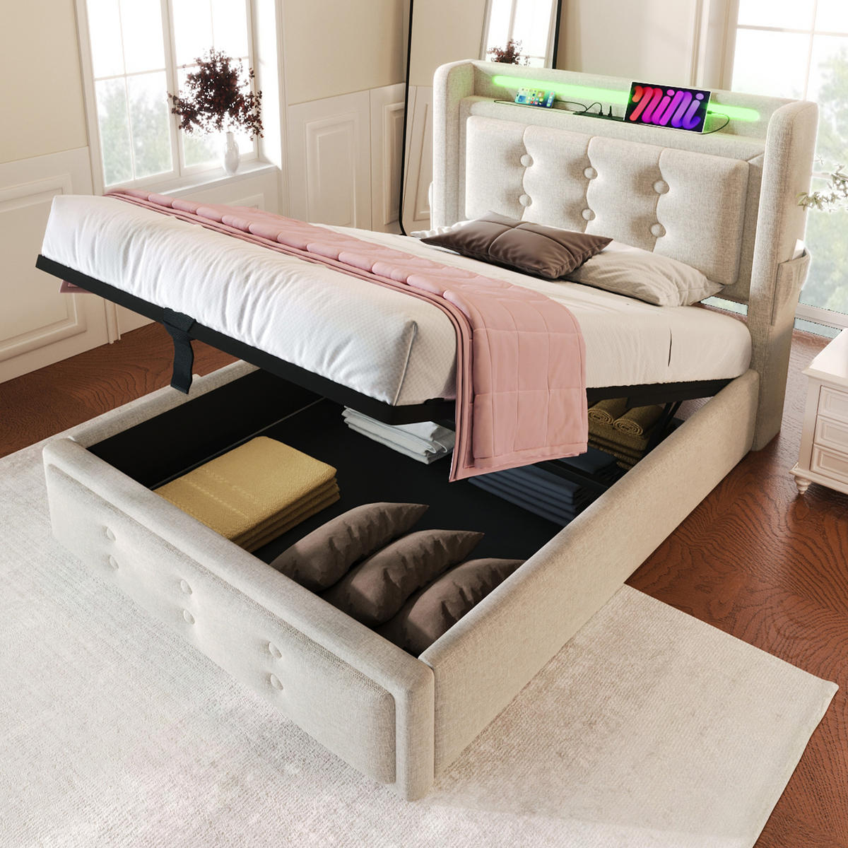 POLSTERBETT aus Baumwoll-Leinen 90x200 cm in Beige mit LED & USB-C - Beige, Textil (90/200cm) - Modfu