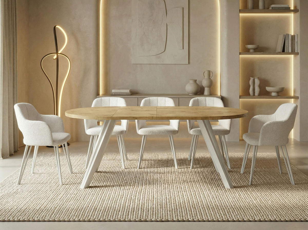 ESSTISCH Ravero runder ausziehbarer, Eiche Hell Braun 100-180/100/77 cm - Eichefarben/Weiß, Holz/Holzwerkstoff (100/100/77cm) - WFL GROUP