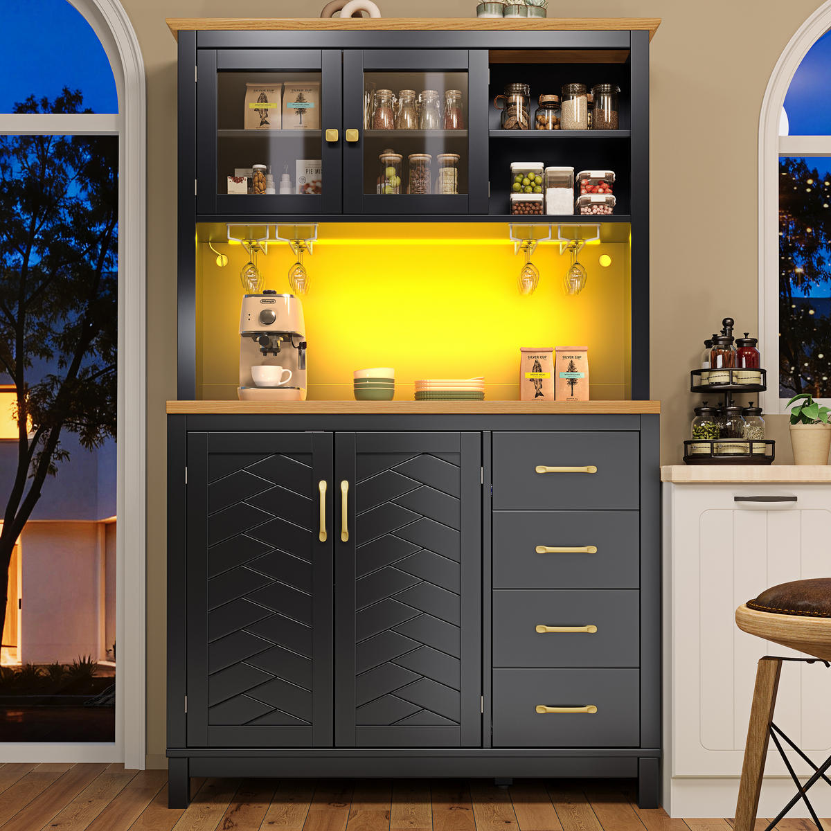 GESCHIRRSCHRANK aus MDF 105.5x40x180cm in Schwarz mit LED-Lichtleiste - Schwarz, Holzwerkstoff (105.5/180/40cm) - Modfu