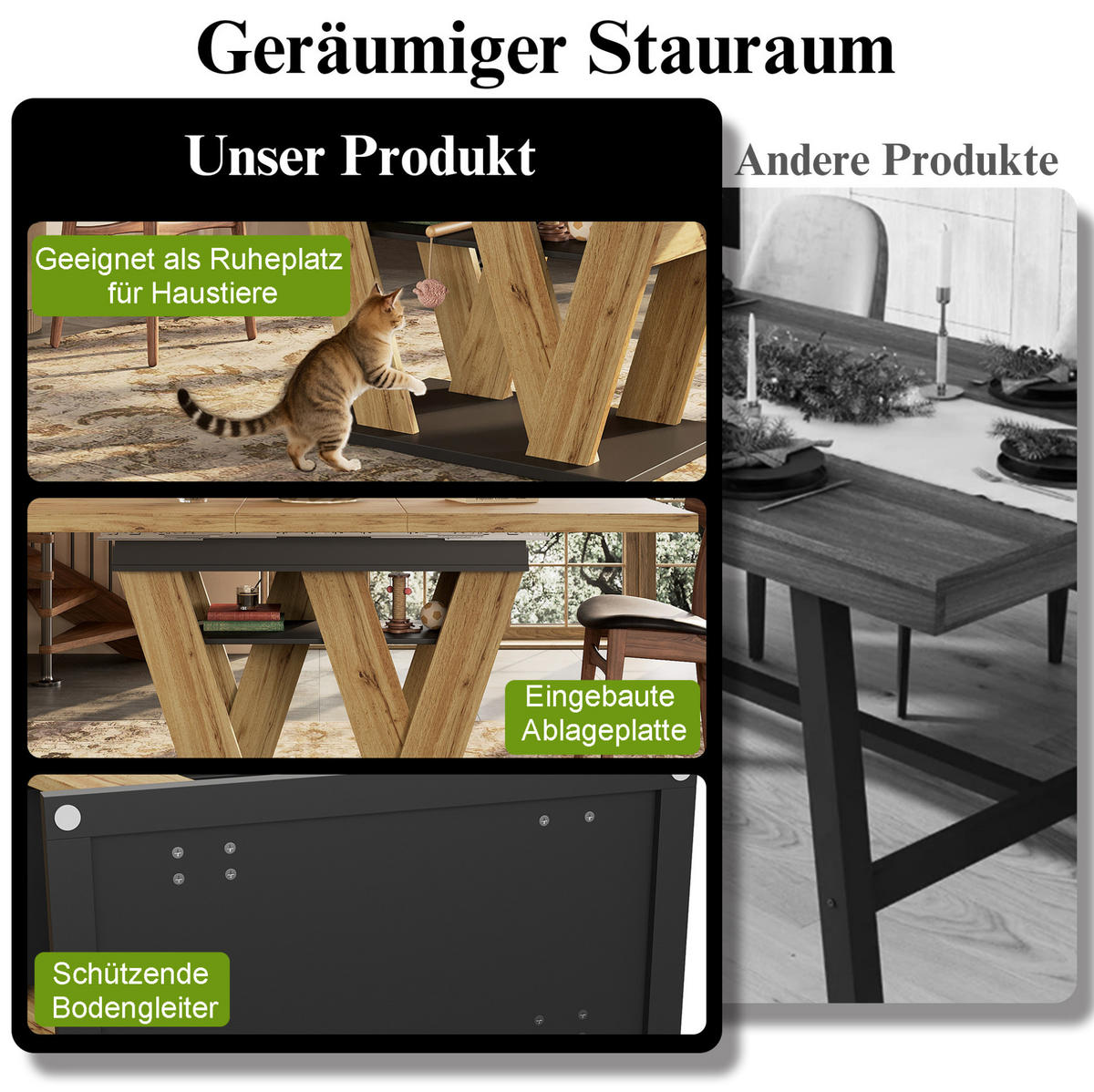 ESSTISCH aus MDF 119-158,5x80x75 cm Schwarz/Natur ausziehbar mit Ablagefach und W-förmigen Beinen - Naturfarben, Holzwerkstoff (158.5/80/75cm) - Modfu