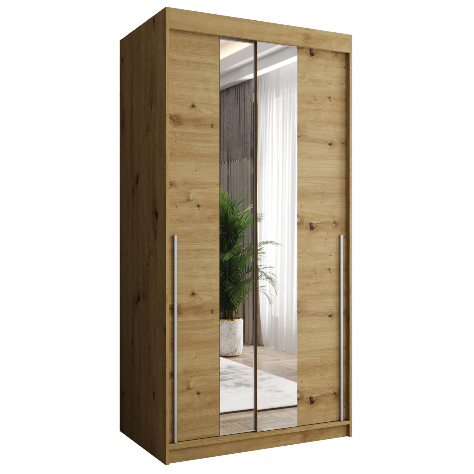 SCHIEBETÜRENSCHRANK mit Spiegel 100 cm Breite Artisan mit silbernem Griff - Silberfarben/Eiche Artisan, Holzwerkstoff (100/200/62cm) - Home Collective