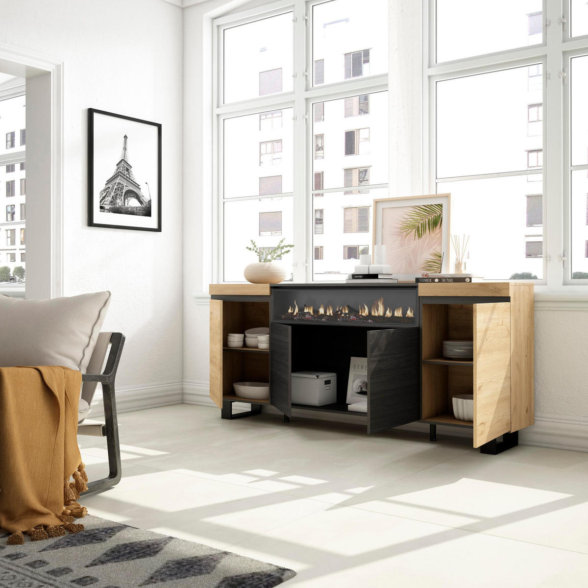 SIDEBOARD Elektrokamin, eiche, schwarz, 200/35/87cm - Multicolor, Holzwerkstoff (200/87/35cm) - Skraut Home