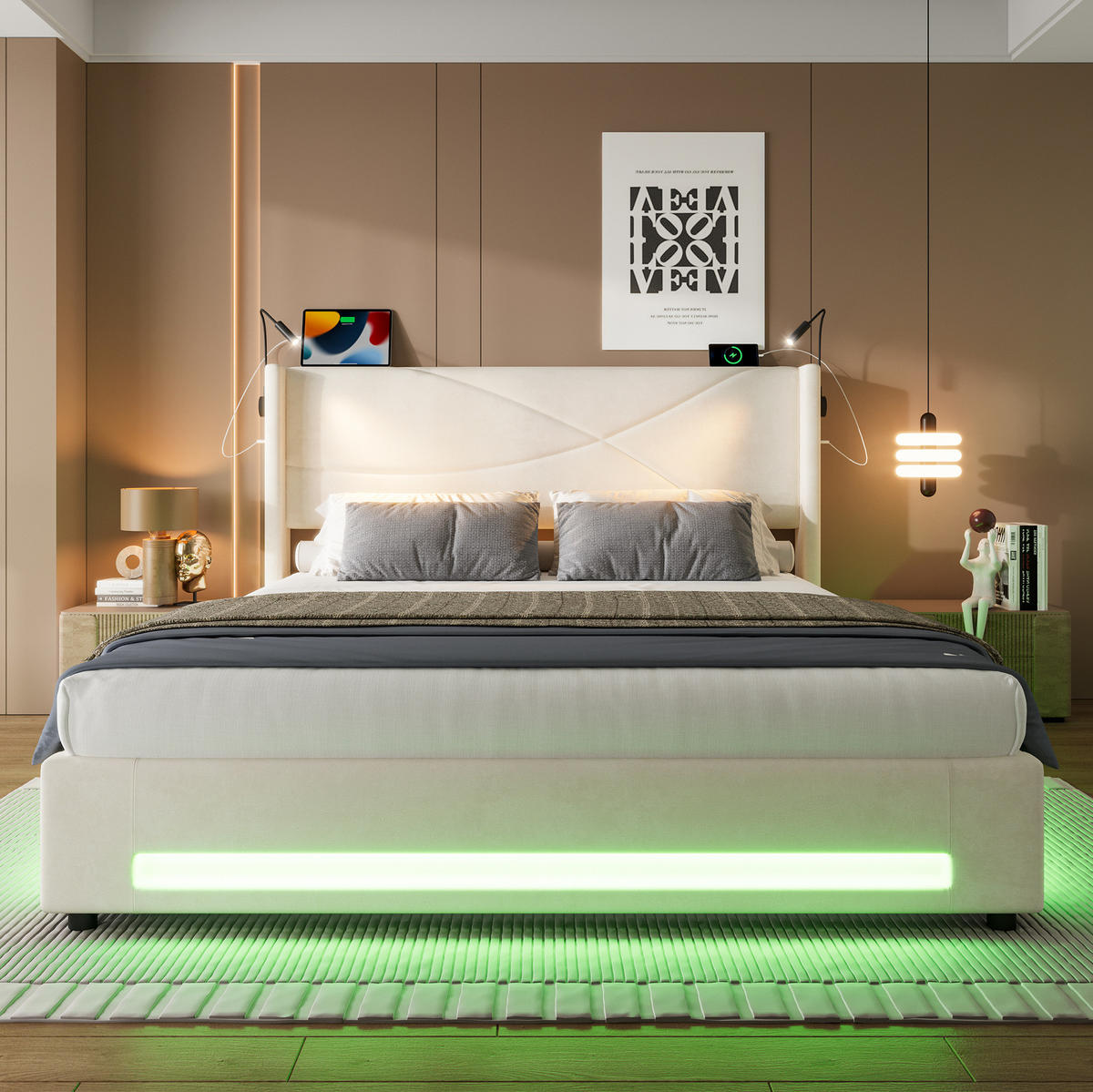ČALÚNENÁ posteľ z velvetu 140x200 cm béžová s LED osvetlením, 2 čítacími lampami, USB a úložným priestorom - béžová, textil (90/200cm) - Modfu