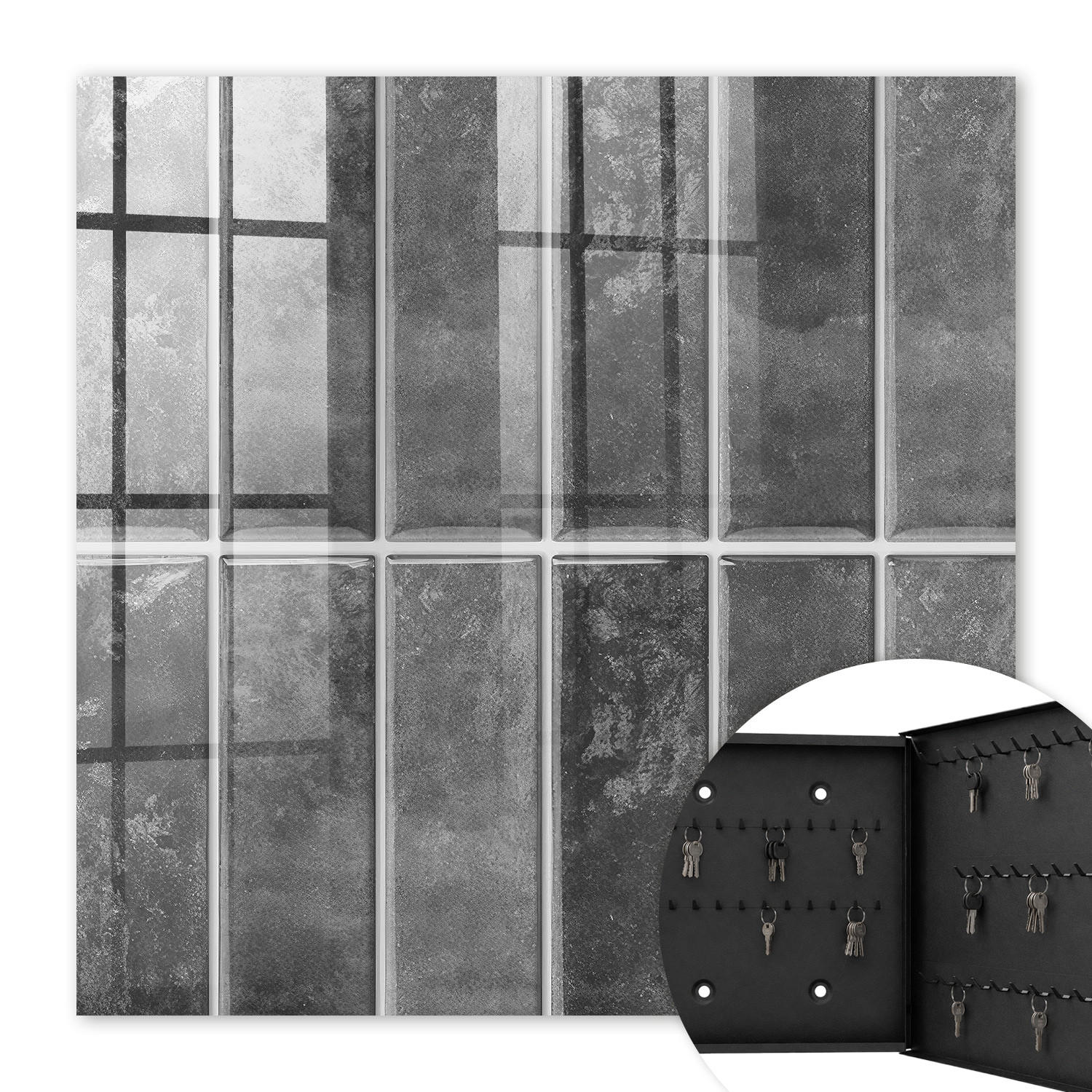 SCHLÜSSELBOX Schwarz 30x30 cm- Türöffnung nach rechts - Graue Fliesen - Grau, Metall (30/30/5cm) - TULUP