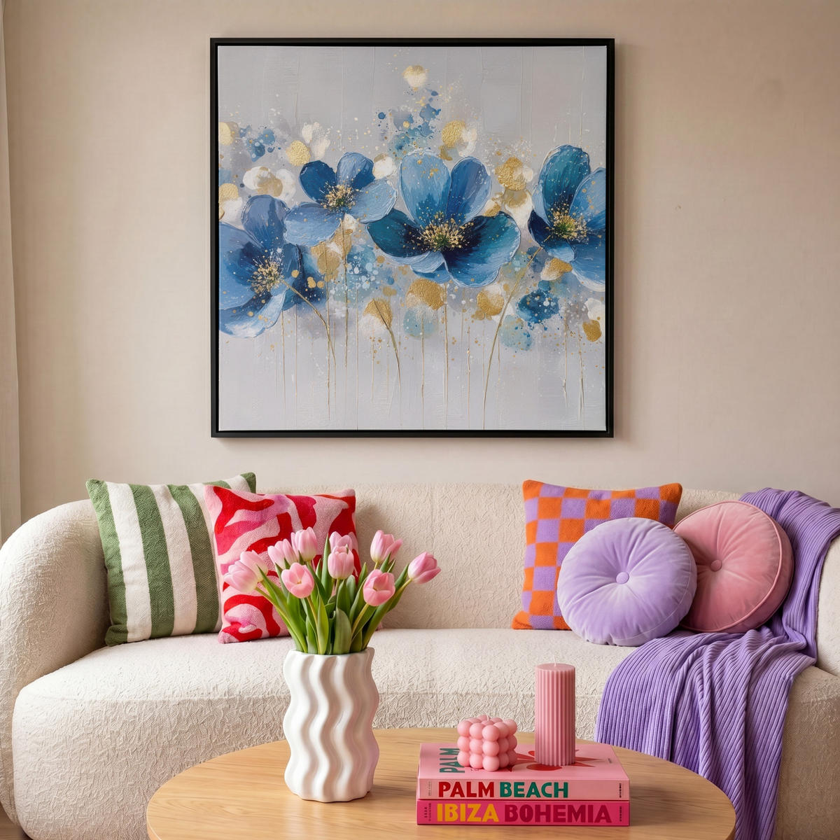 LEINWAND Bilder mit Rahmen - Blumen - Blau - Abstrakt - 90x90 - Hellgrau, Textil (90/90cm) - MuchoWow