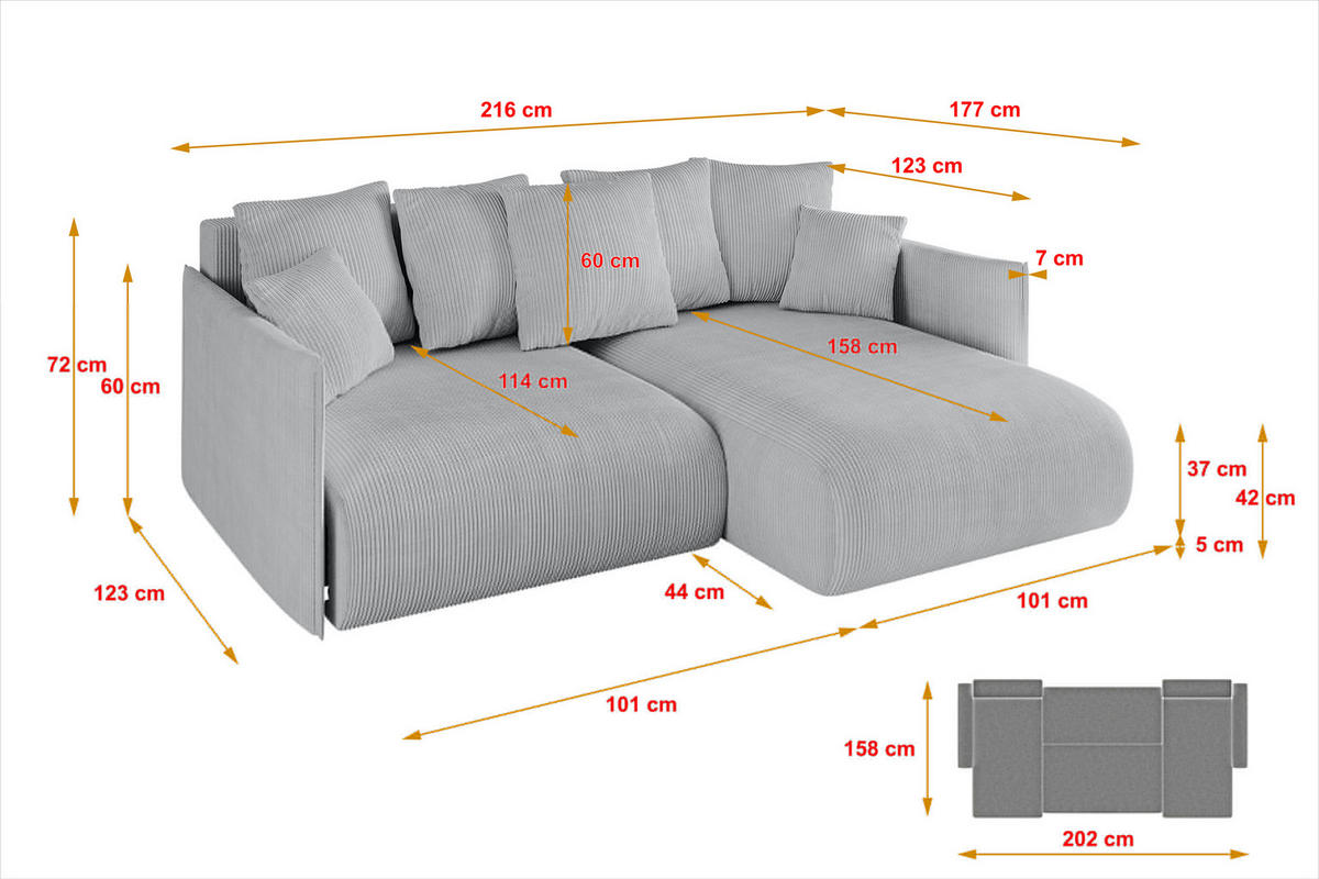 ECKSOFA Ottomane rechts ONESK-L 216x177x72 Grau Cord - Grau, Holzwerkstoff/Kunststoff (177/216cm) - ALTDECOR