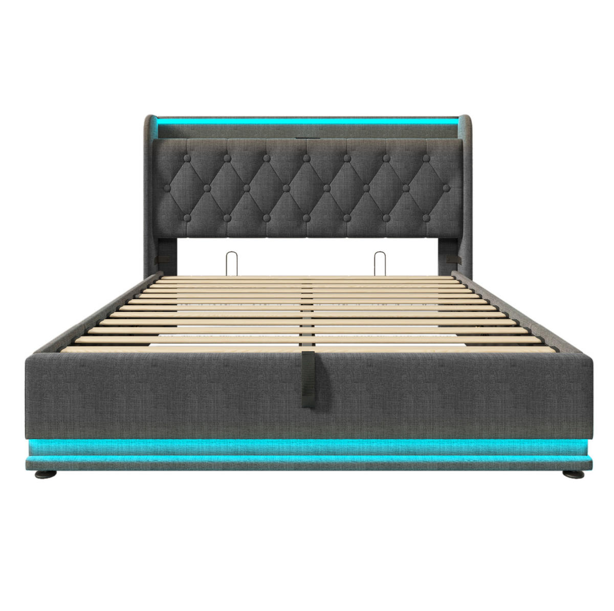 POLSTERBETT mit LED-Beleuchtung 140/200 cm in Grau mit Bettkasten & USB-C - Grau, Textil (140/200cm) - BEAOK