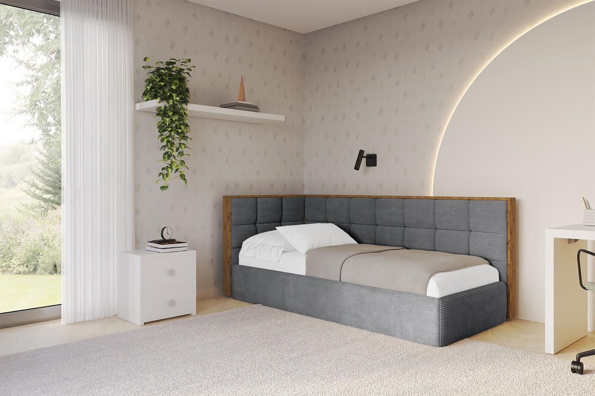 EINZELLBETT Jugendbett mit Bettkasten, Rechts - SOVY 100x200 Dunkelgrau - Schieferfarben, Holzwerkstoff/Textil (100/200cm) - ALTDECOR
