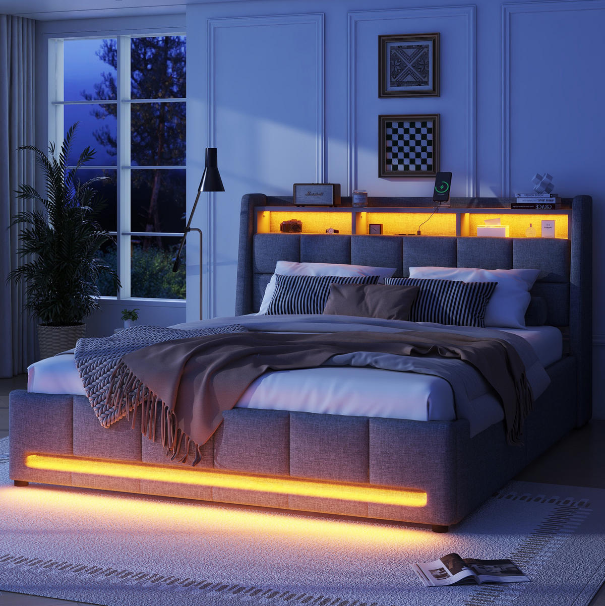POLSTERBETT 140/200 cm mit LED-Beleuchtung, USB und 2 Schubladen in Grau - Grau, Textil (140/200cm) - BEAOK
