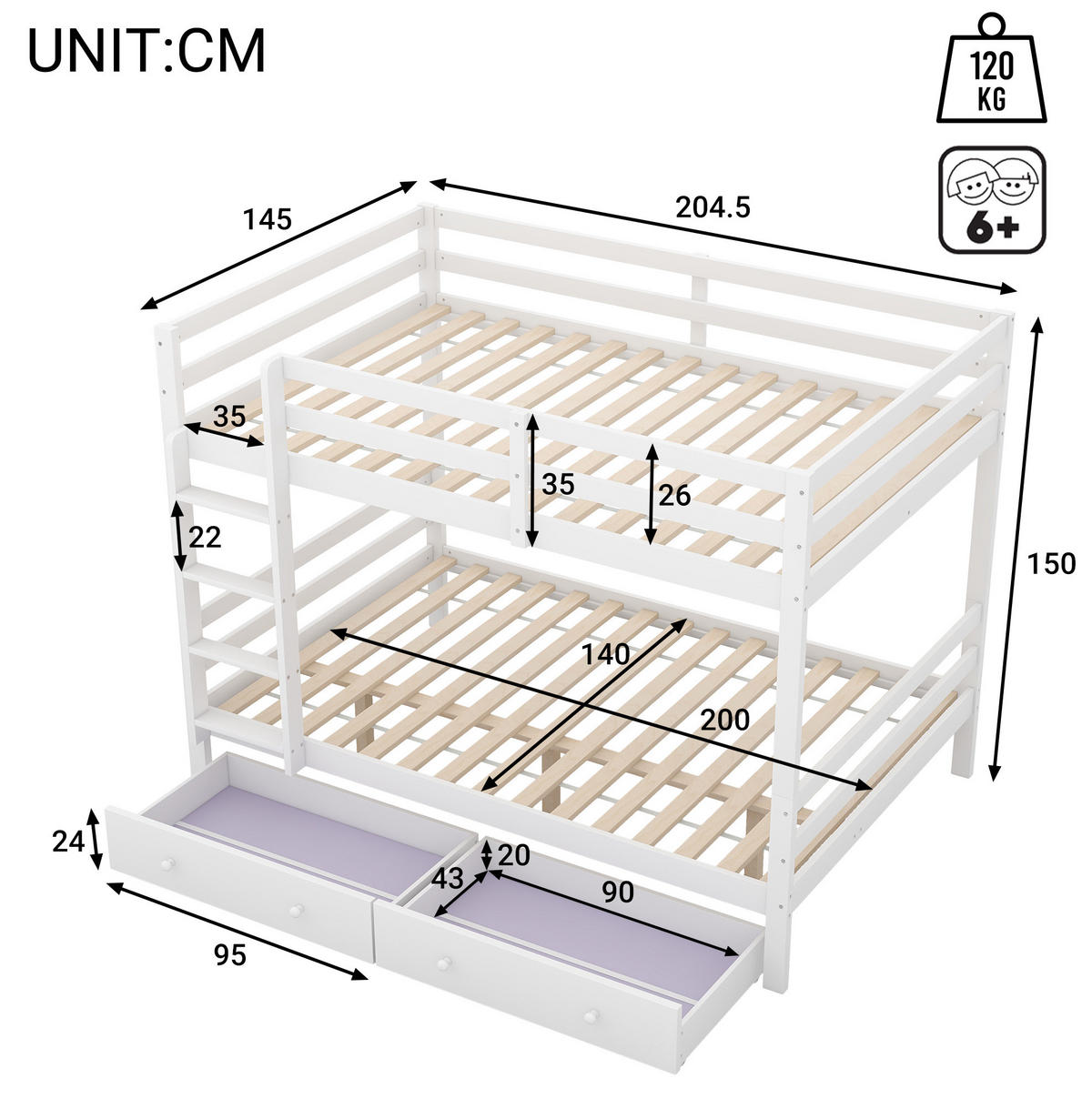 ETAGENBETT 140/200 cm mit Stauraum, abnehmbarer Schublade und hoher Absturzsicherung, Weiß - Weiß, Holzwerkstoff (140/200cm) - Redom