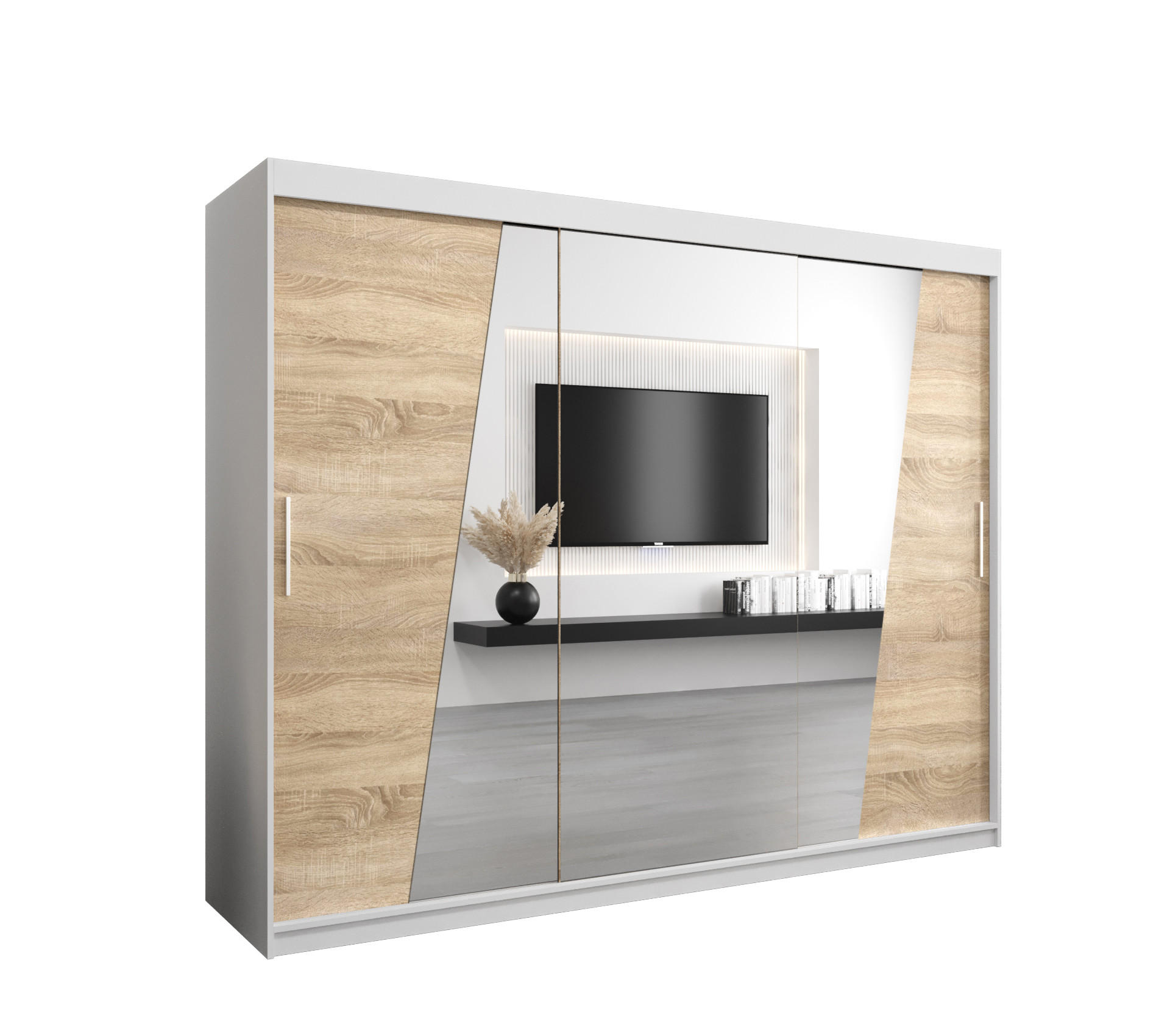 Abiks Möbel Schwebetürenschrank Weiß, Sonoma Eiche 250x200x62 cm