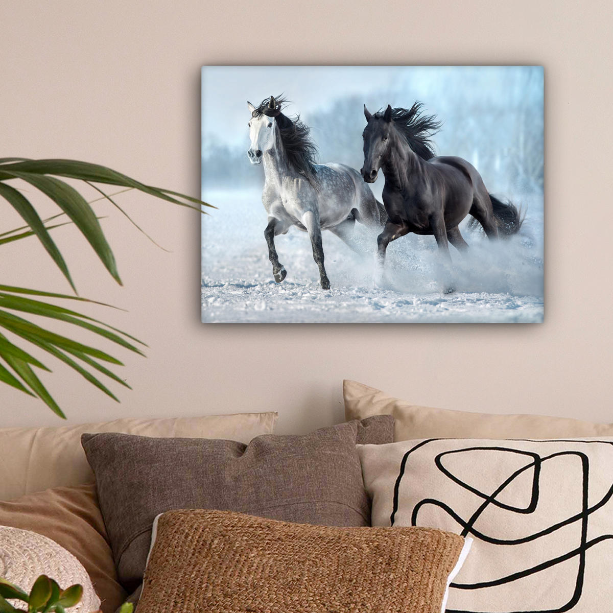 LEINWANDBILD Pferde - Winter - Tiere - Natur - Schnee Wandbild 40x30 cm - Anthrazit, Textil (40/30cm) - MuchoWow