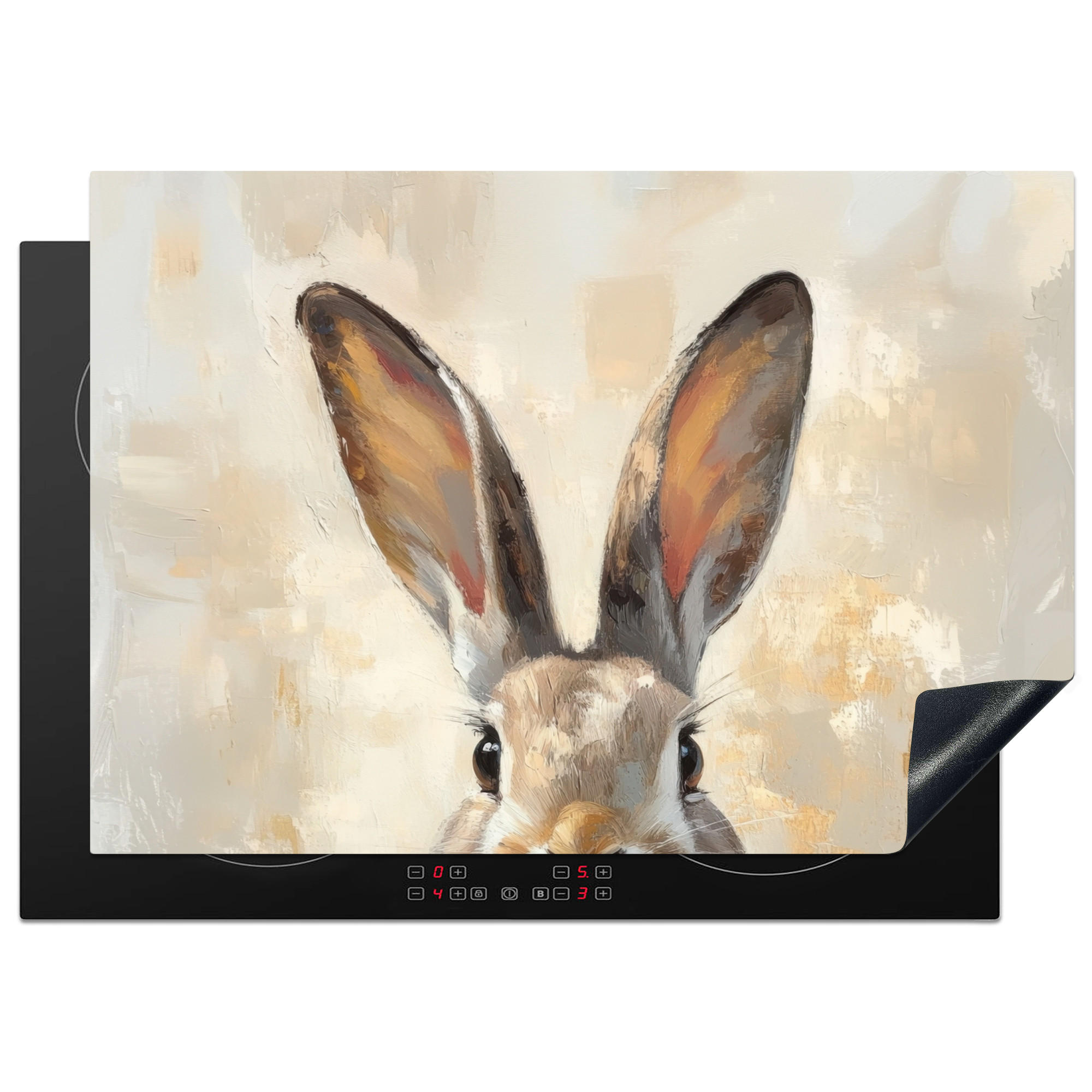 HERDABDECKPLATTE Hase - Ohren - Braun Herdabdeckung Induktionsfeld 75x52 cm - Beige, Kunststoff (75/52/0.2cm) - MuchoWow