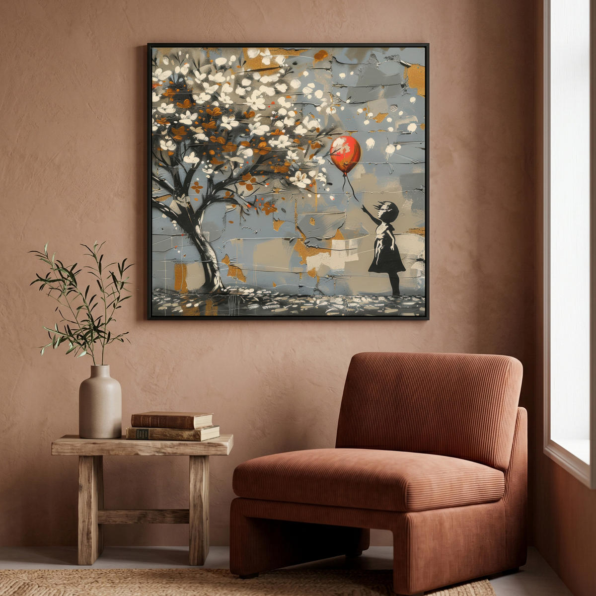 LEINWAND Bilder mit Rahmen - Baum - Graffiti - Banksy-Stil - Ballon-Mädchen - 90x90 - Blaugrau, Textil (90/90cm) - MuchoWow