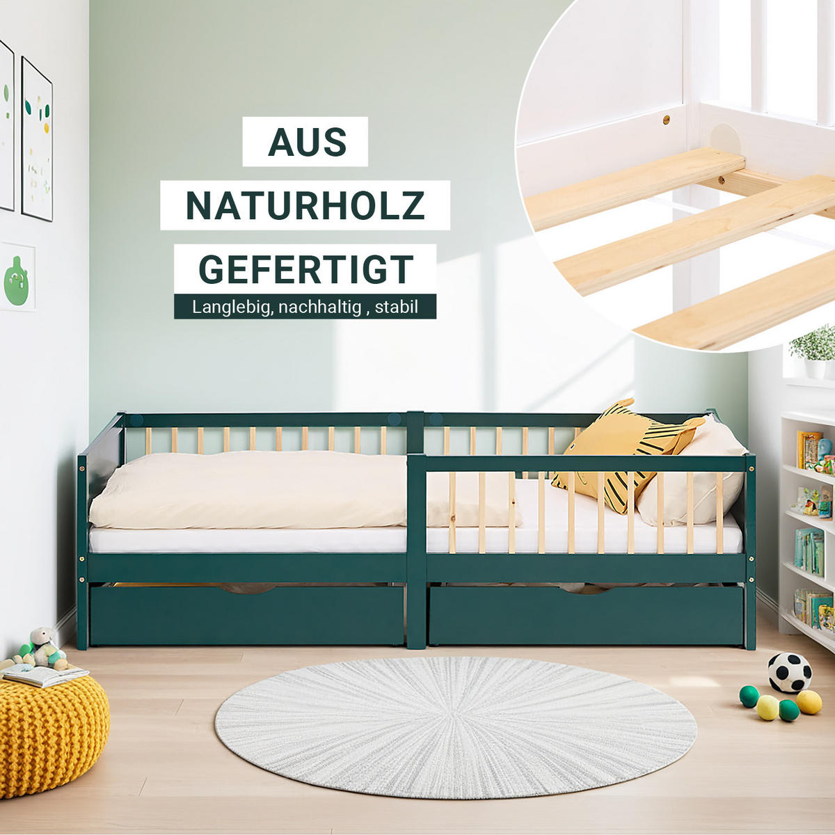 KINDERBETT Grün 90/200 Matratze 2 Bettkästen Rausfallschutz - Grün, Holz (90/200cm) - Homestyle4u