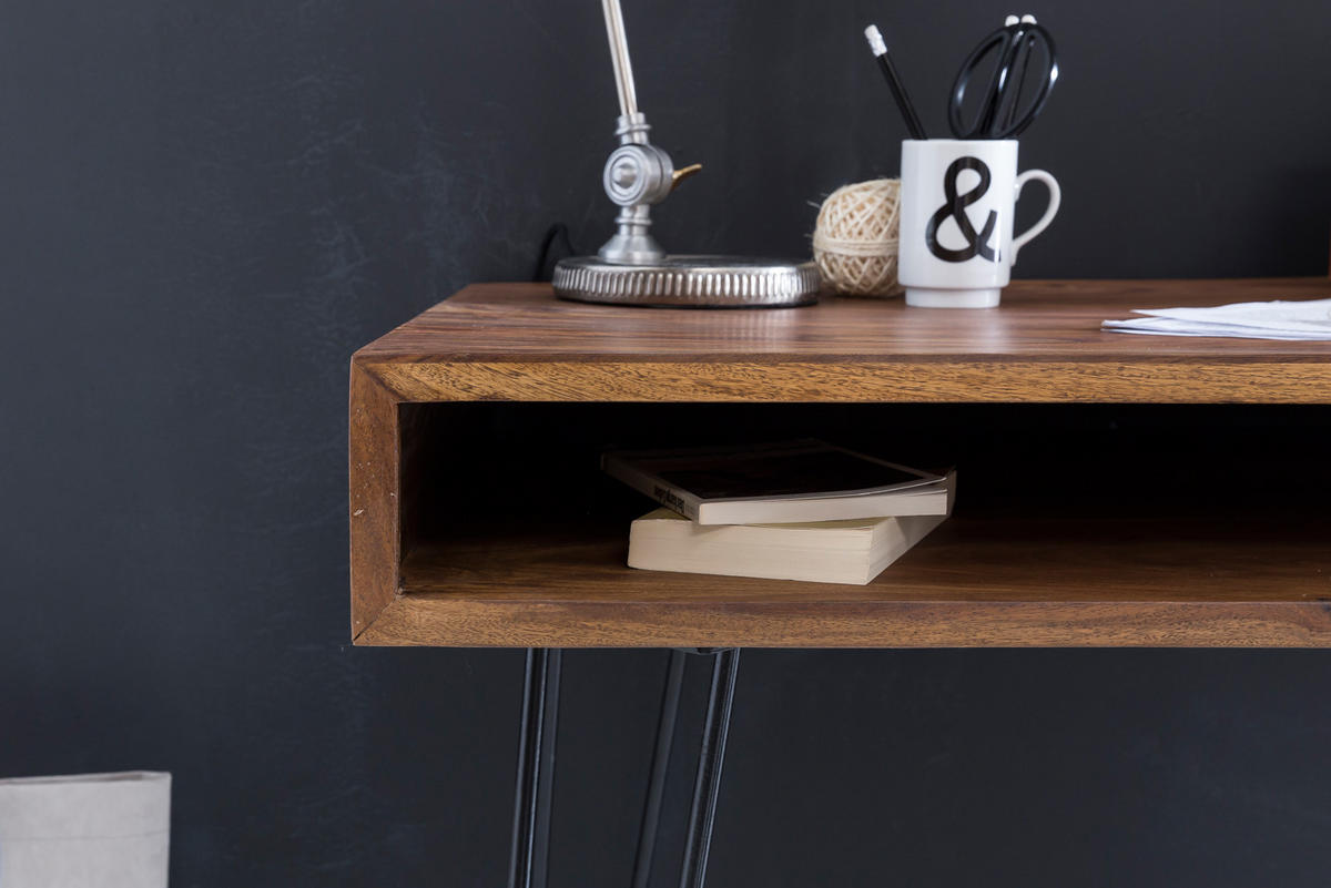 SCHREIBTISCH – Massivholz, Industrial Retro, große Platte, Haarnadelbeine - Schwarz/Braun, Holz/Metall (60/110/76cm) - KADIMA DESIGN