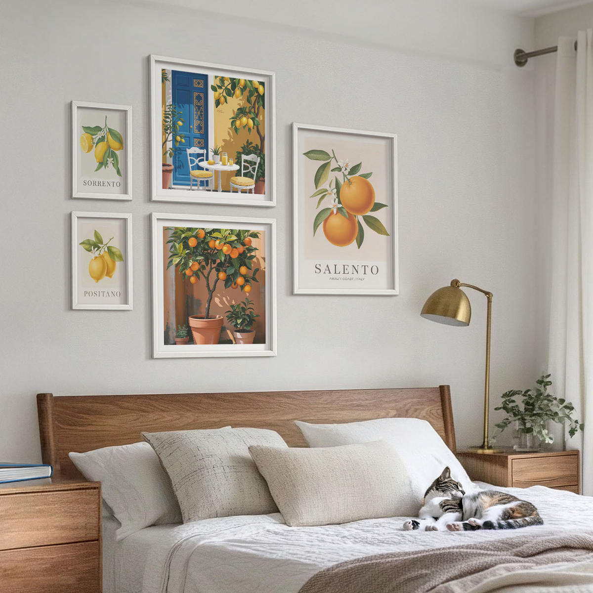 BILDER SET 5er Set - 50x50 cm & 20x30 cm & 40x60 cm Weißer Rahmen - Zitronenorange Blütenmuster - Weiß, Kunststoff (40/60cm) - TULUP
