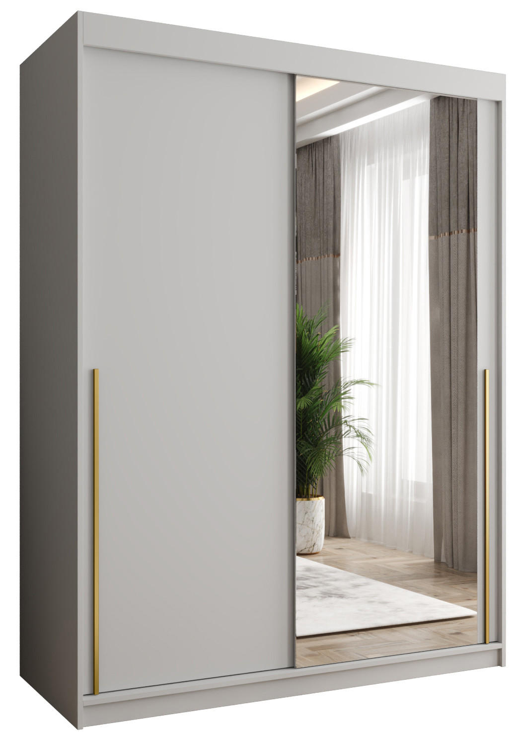 Home Collective SKŘÍŇ S POSUVNÝMI DVEŘMI se zrcadlem, šířka 150 cm, bílá se zlatým úchytem