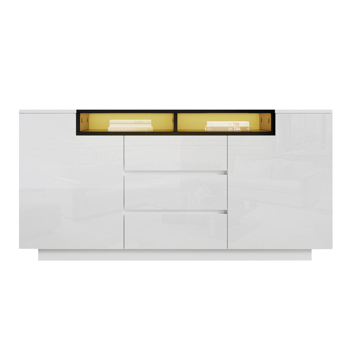 SIDEBOARD 140 cm 2 L-förmige Türen, 3 Schubladen, LED-Beleuchtung, Hochglanz Weiß & Schwarz - Weiß Hochglanz, Holzwerkstoff (140/48/60cm) - Urban Meuble