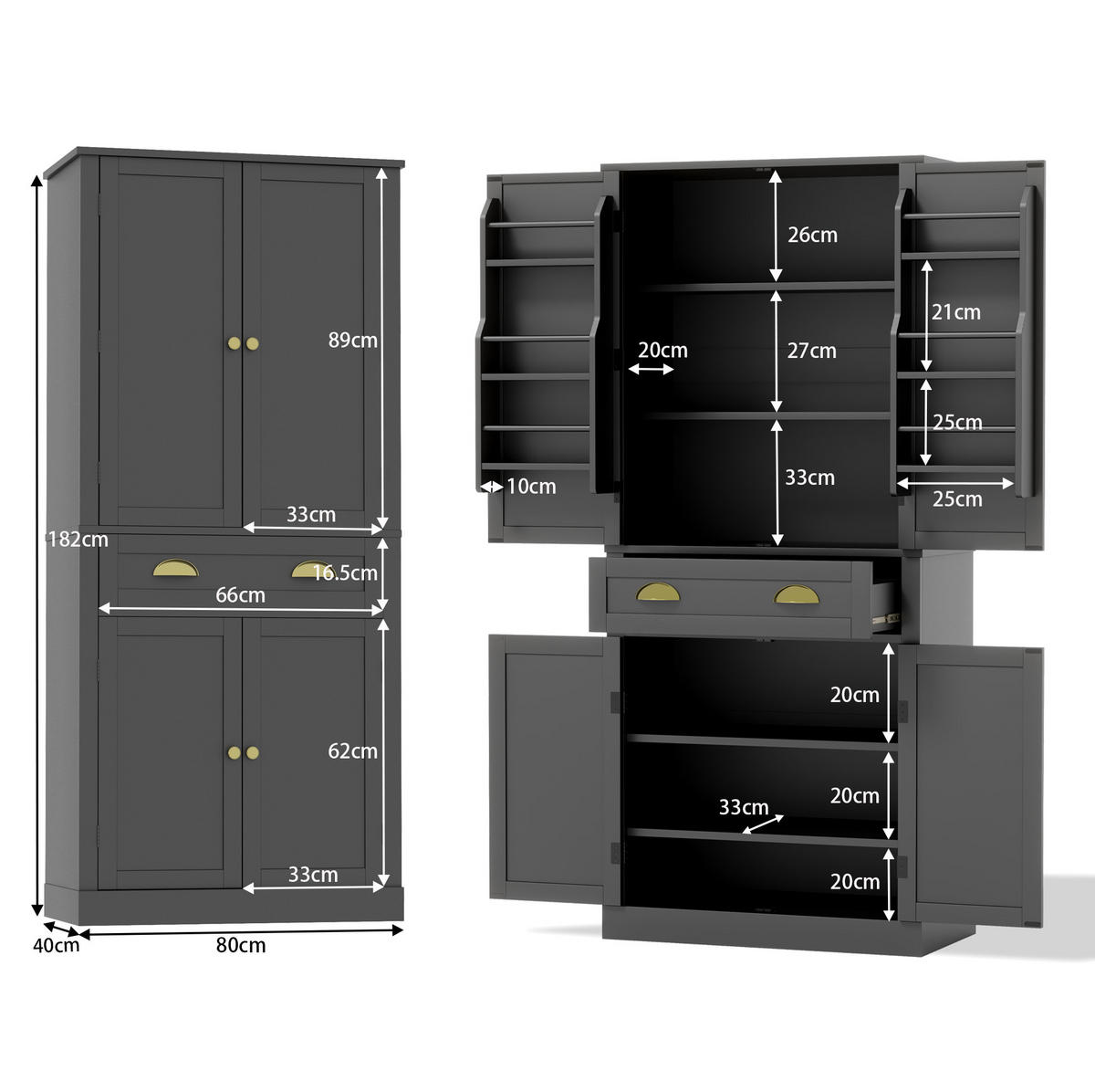 BUFFETSCHRANK 80/40/182 cm aus MDF mit 4 verstellbaren Einlegeböden, 4 Türen und Schublade, Schwarz - Schwarz, Holzwerkstoff (80/182/40cm) - Redom