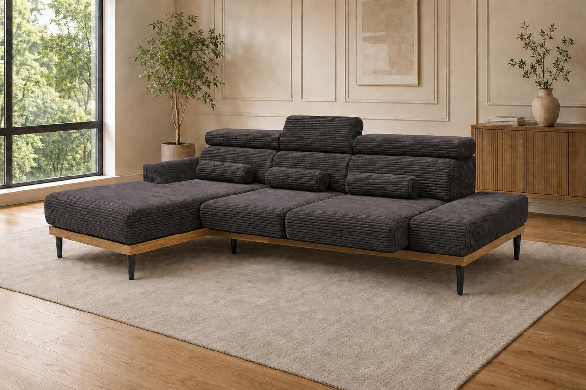 ECKSOFA MONTERO links, grau, elektr. Sitztiefe & Kopfstützen - Schwarz/Grau, Textil/Metall (316/205cm) - KS Home Concept