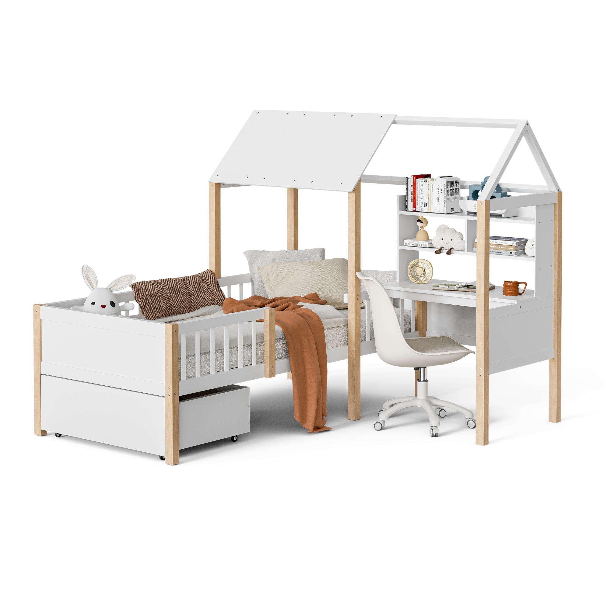 HAUSBETT 90/200 cm in Weiß – mit Schreibtisch, Regal und Rausfallschutz - Weiß, Holz (90/200cm) - BEAOK