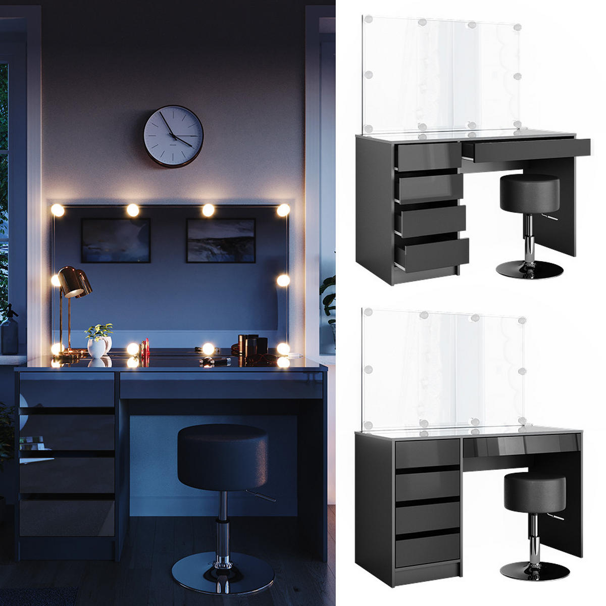 SCHMINKTISCH Sherry Anthrazit 120 cm mit LED Beleuchtung und Hocker - Anthrazit, Holzwerkstoff (120/75/55cm) - Vicco