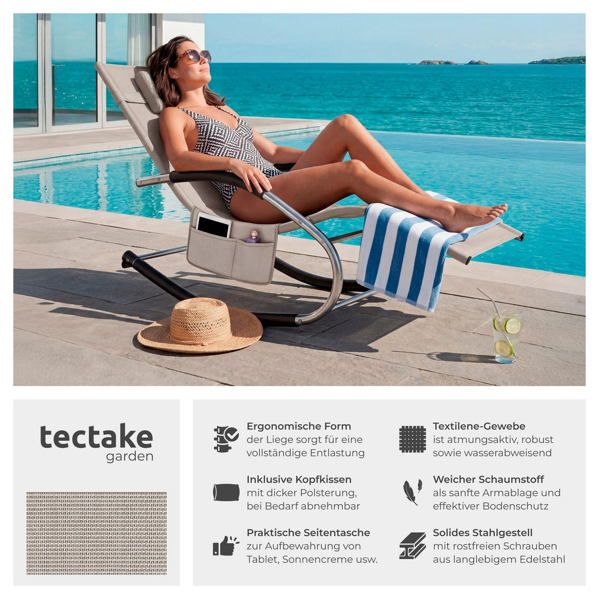 GARTENLIEGE Taya, abnehmbares Kopfpolster, seitliche Aufbewahrungstasche, beige - Beige, Kunststoff (62/92/142cm) - tectake