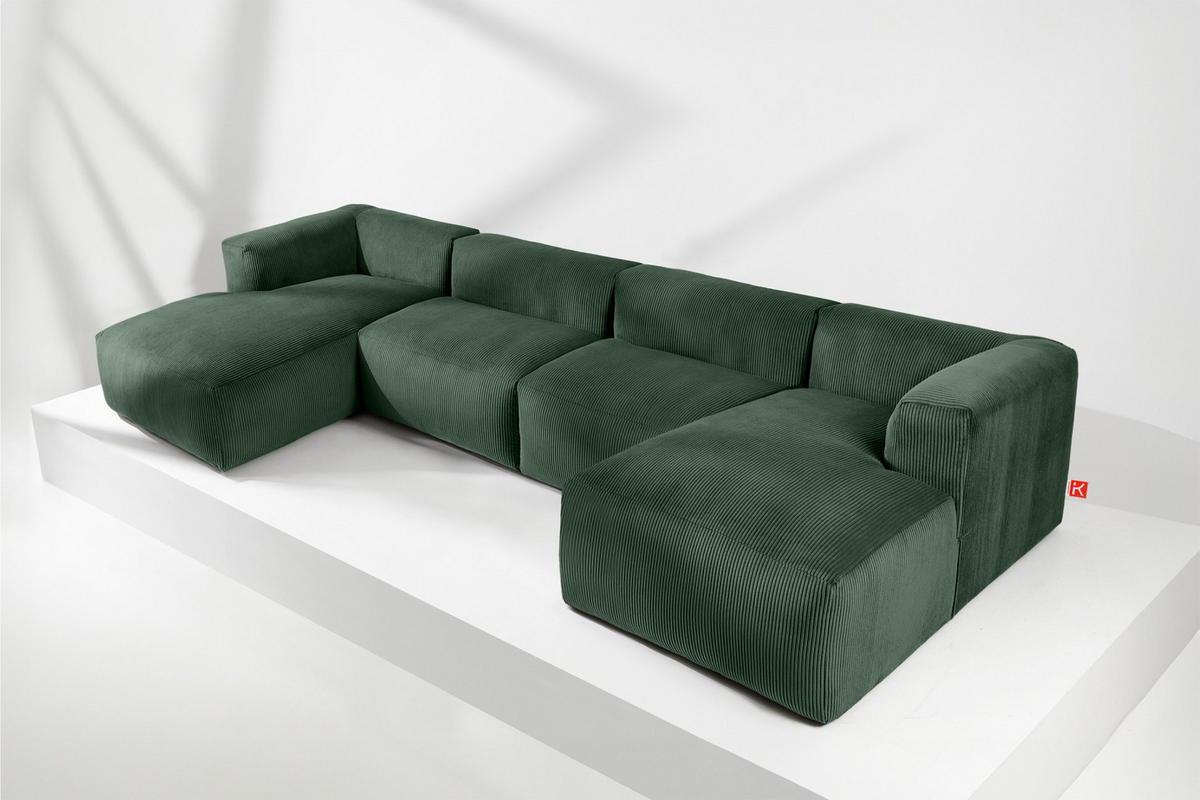 PANORAMA-ECKSOFA BUFFO 7/8 Sitzer mit extrem weicher Sitzfläche, Kordstoff, dunkelgrün - Dunkelgrün, Textil (424/73/180cm) - KONSIMO®