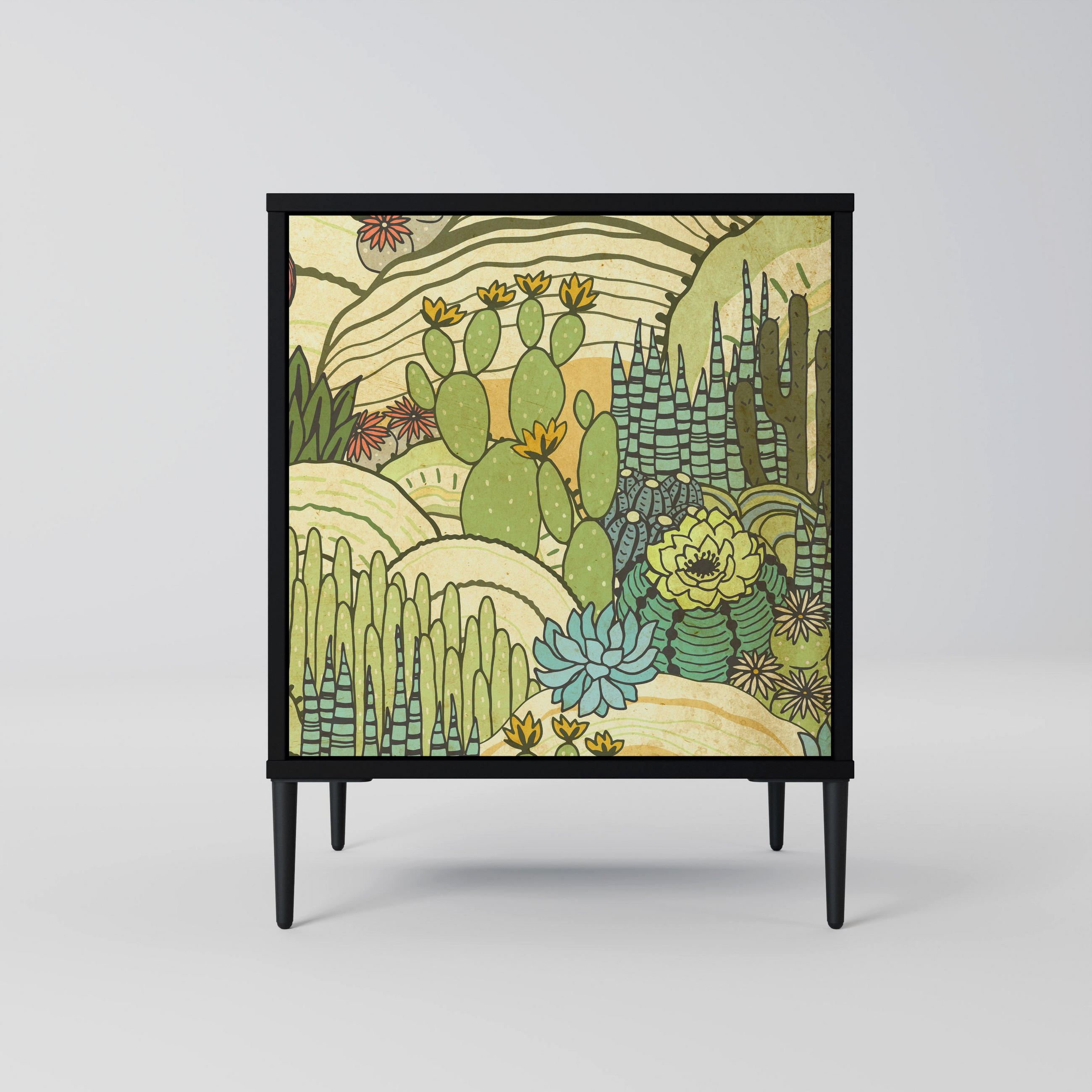 SIDEBOARD SUCCULENTS KALEIDOSCOPE, Schwarz, 57,5x42x72,5 cm, Schwarze Metallfüße - Multicolor/Schwarz, Holzwerkstoff/Metall (57.5/72.5/42cm) - SpaceRebels