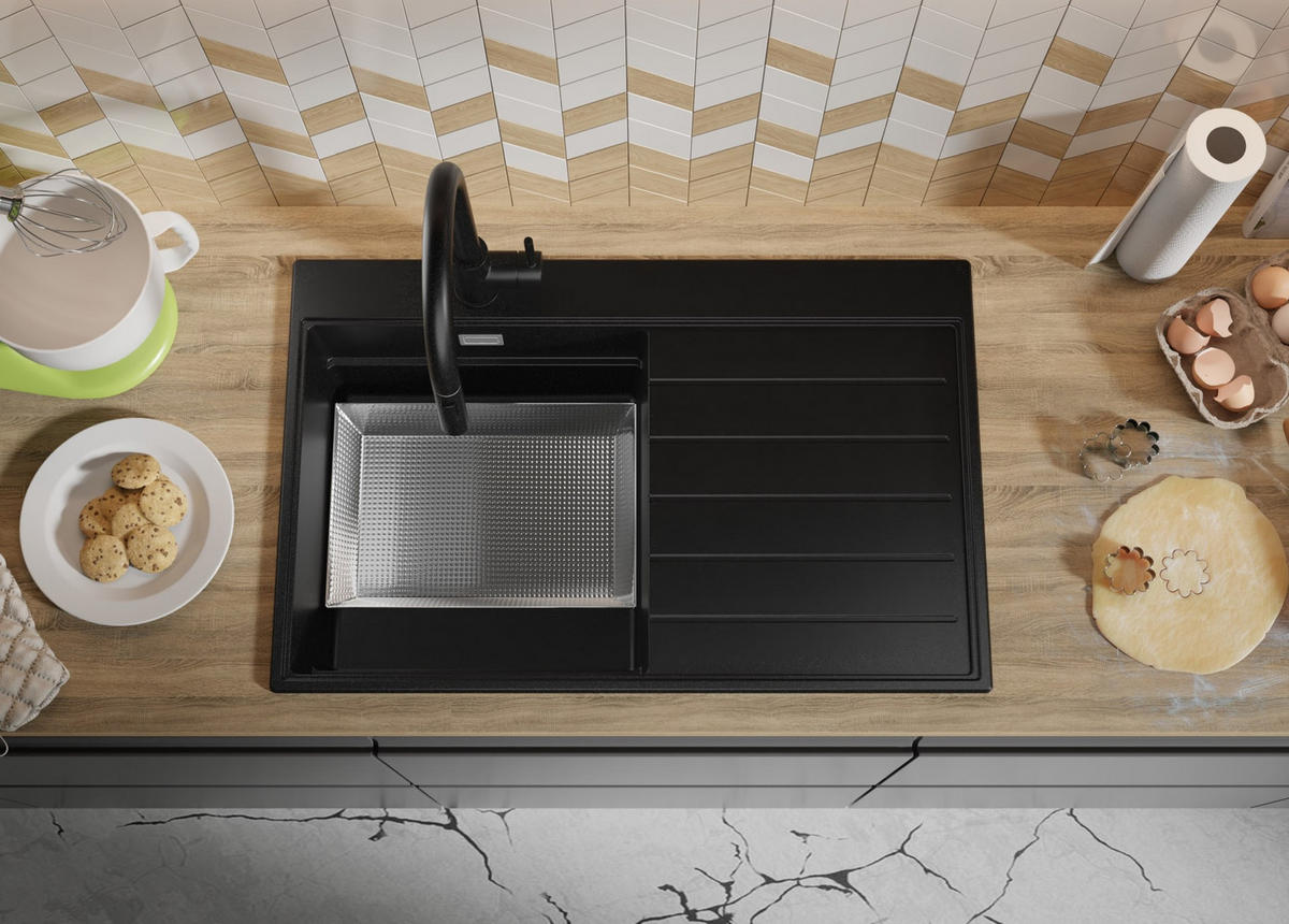 SPÜLBECKEN Sydney, 2-er set Schwarz 78/50 cm 1 Becken + Ablauf-Set + Küchenzubehörset ab 45er Unterschrank - Chromfarben/Beige, Kunststoff (78/20/50cm) - Primagran