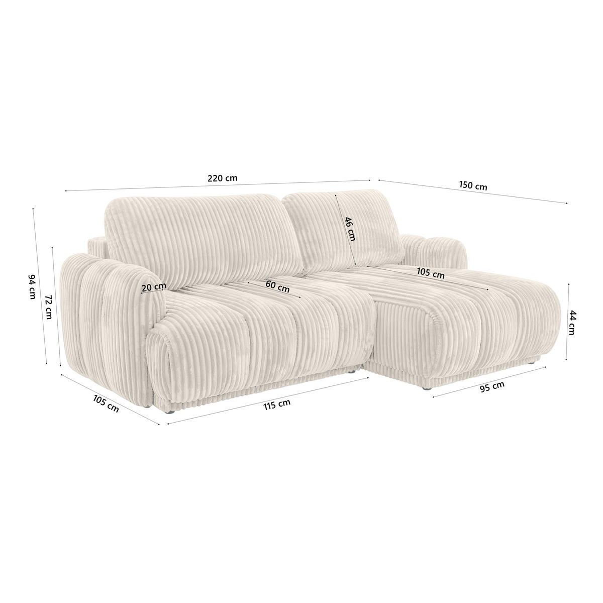 ECKSOFA CAMILO mit Schlaffunktion, Creme - Creme, Textil (220/150cm) - Fedve