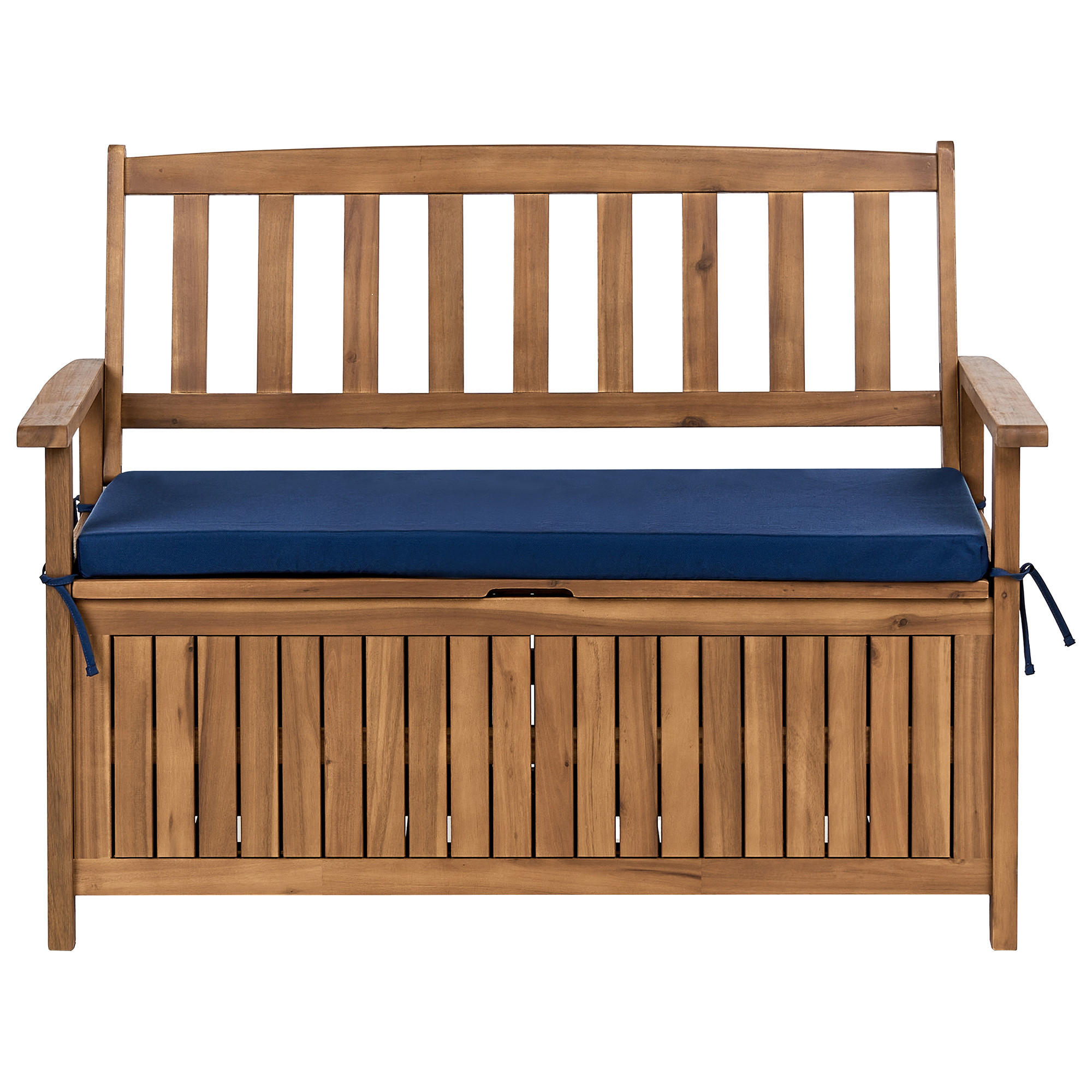 ZAHRADNÍ LAVICE s podložkou 120 cm s úložným prostorem Akáciové dřevo Modrá Sovana - modrá/hnědá, dřevo (120/91/60cm) - Beliani