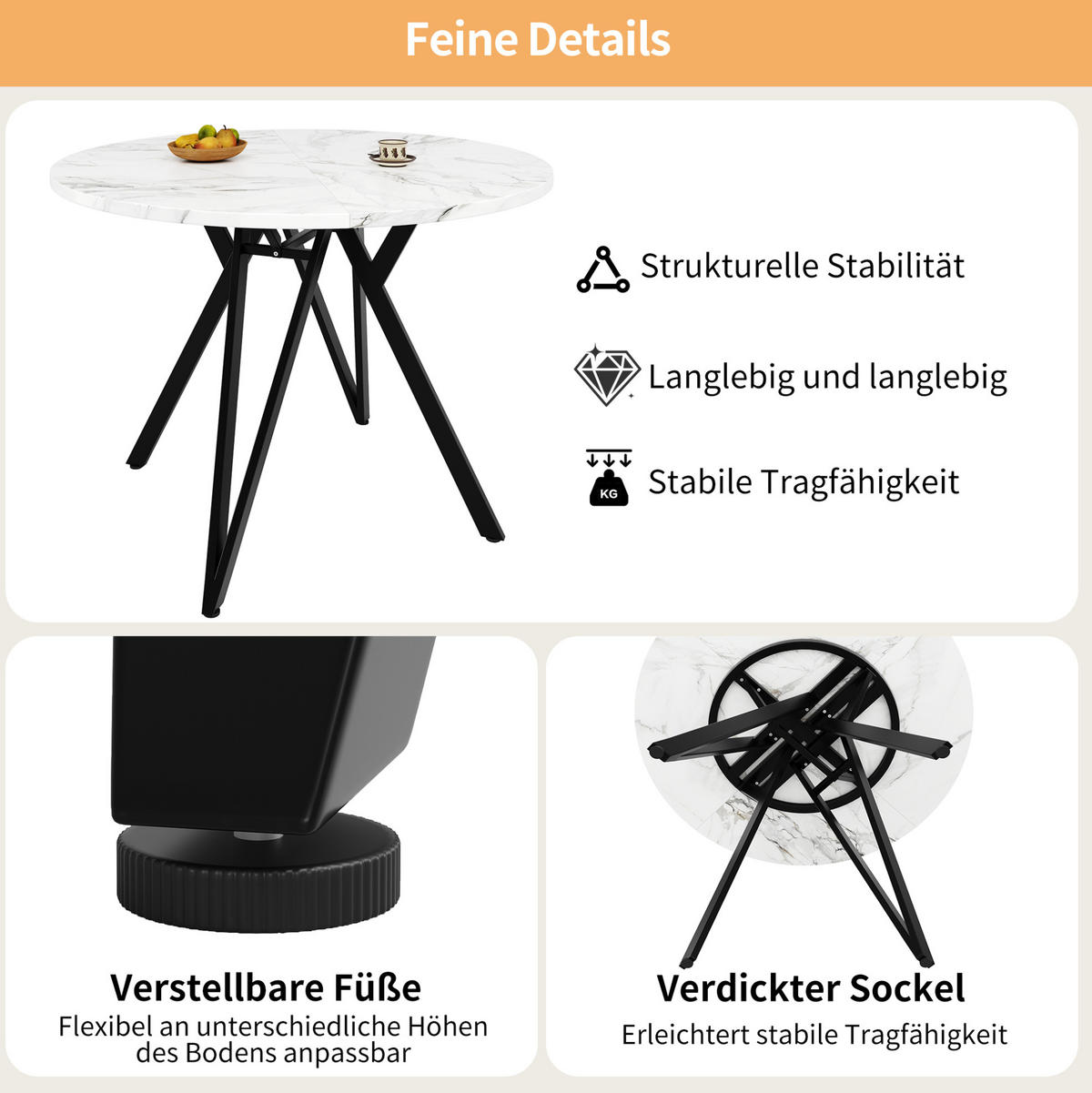 STOL za blagovaonicu 100/100/76 cm crni, MDF s mramornim dekorom, okrugli - crna, drvni materijal (100/100/76cm) - BEAOK