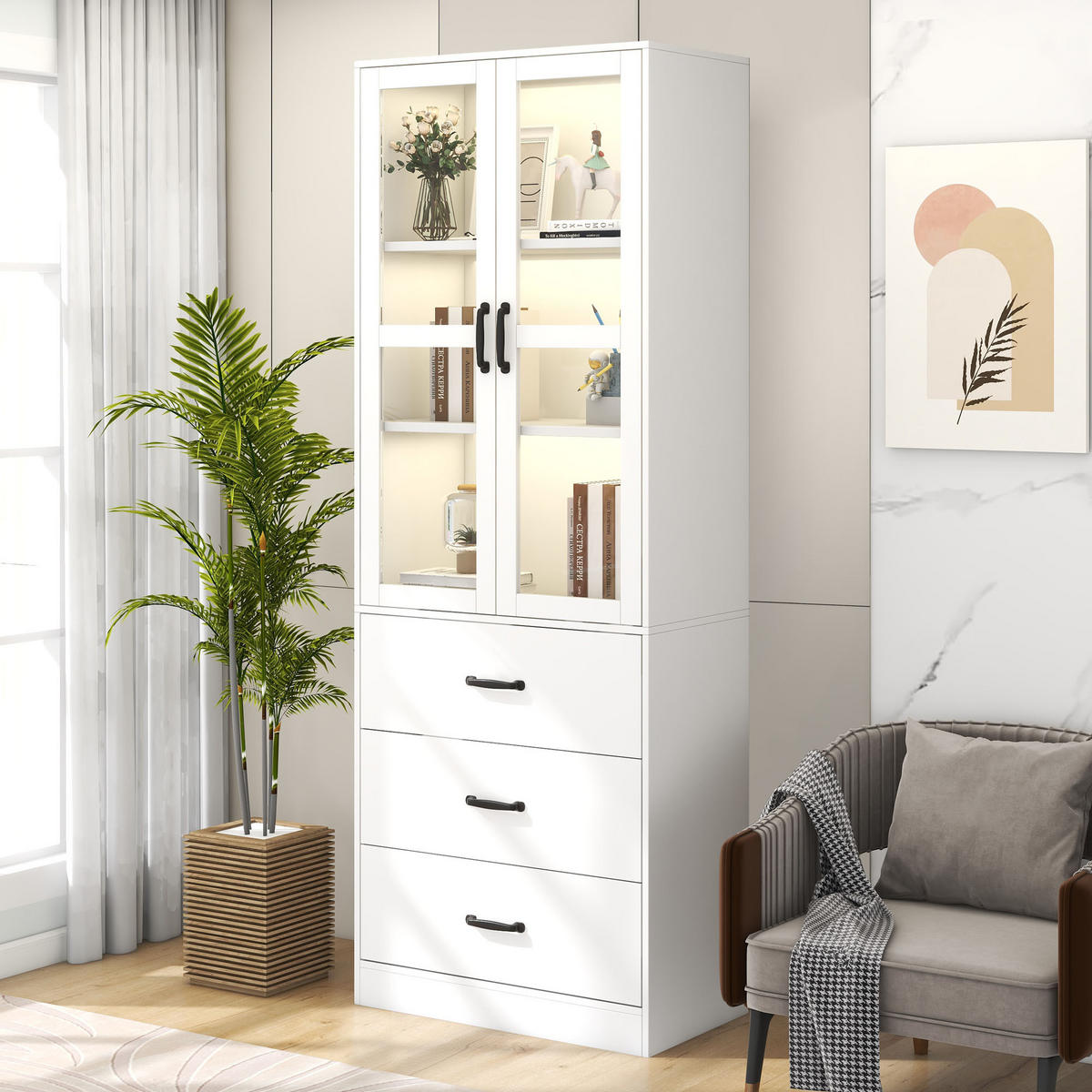 VITRINE 200 cm Weiß mit LED und 3 Schubladen - Weiß, Holzwerkstoff (60/200/40cm) - FLIEKS