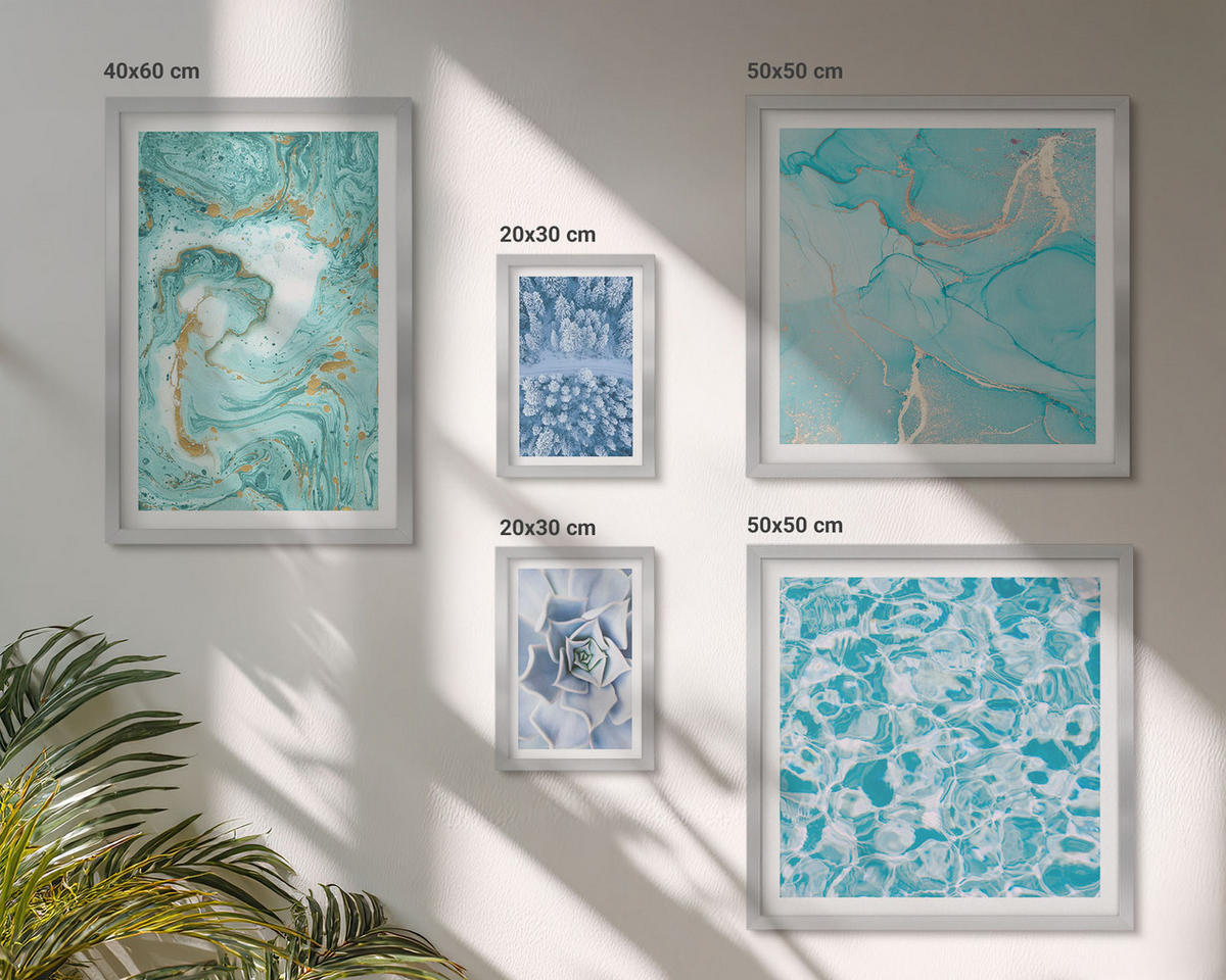 WANDBILDER 5er Set - 50x50 cm & 20x30 cm & 40x60 cm Silberner Rahmen - Pflanzenmuster große minimalistische Sonnen - Silberfarben, Kunststoff (40/60cm) - ArtPrintCave