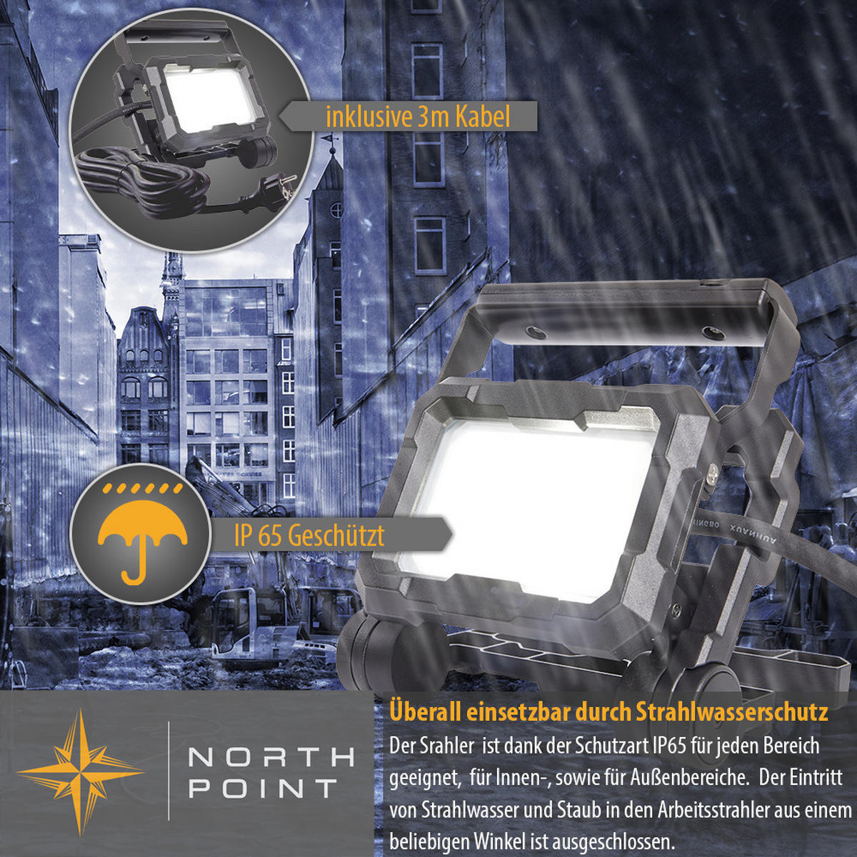 LED-ARBEITSSTRAHLER - 20W mit 2200 Lumen, IP65 spritzwassergeschützt und stabilem Standfuß, 3m Zuleitungskabel - Schwarz, Metall (6/16.4/17.7cm) - Northpoint