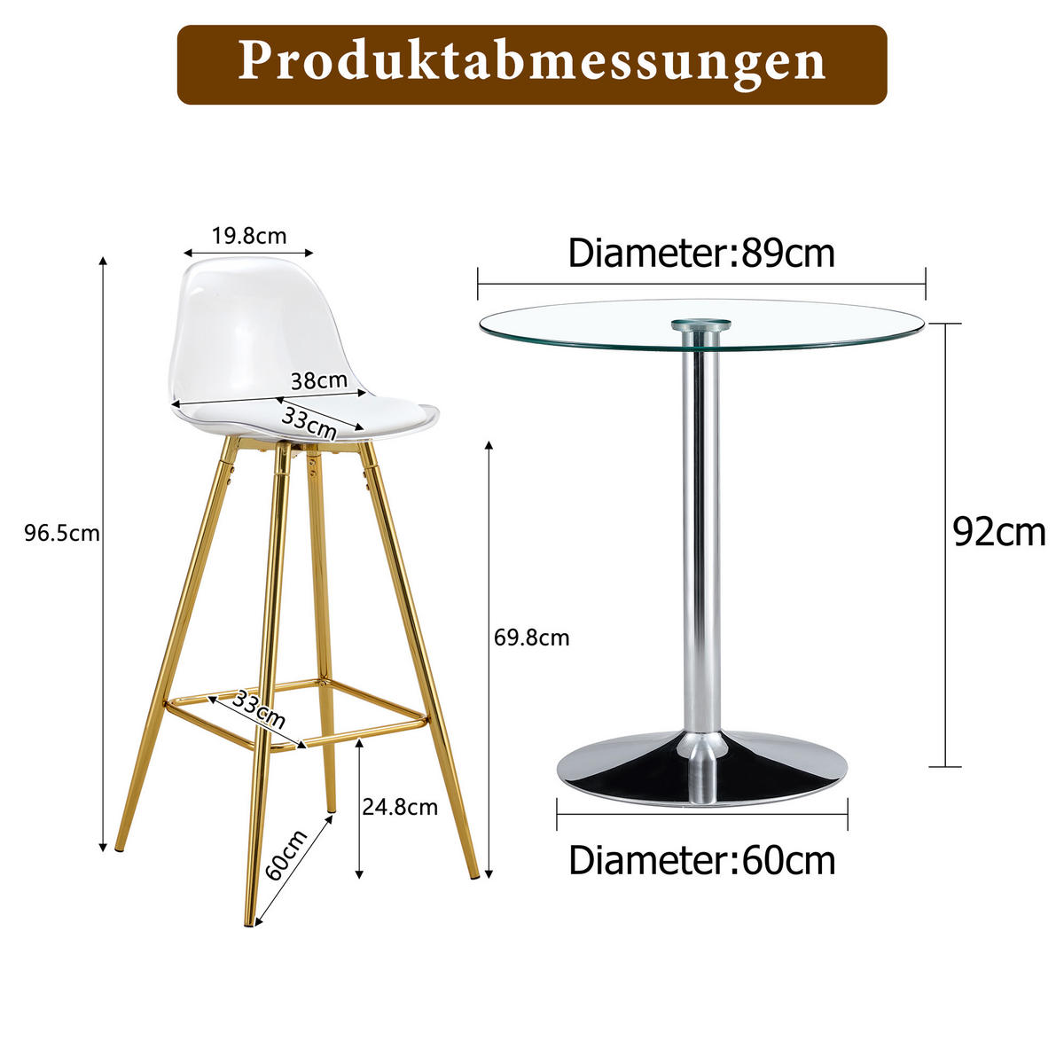 BARTISCH-SET DE-39350 3-teilig, Glastisch und 2 Hocker Transparent/Gold - Goldfarben, Metall (89/92/89cm) - ComfortXL