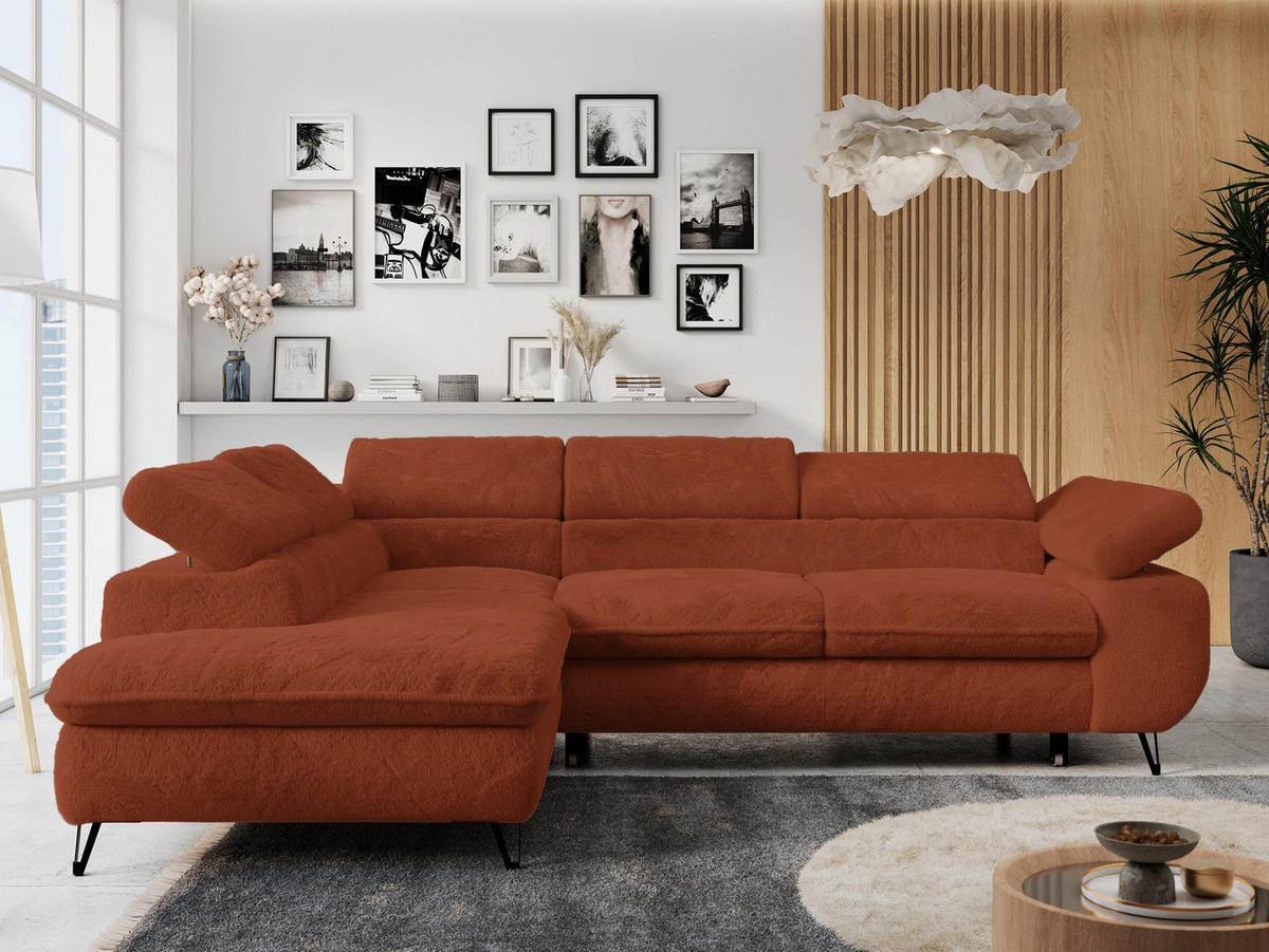 ECKSOFA PETER L Orange Plüsch - Links Seite - Schwarz/Orange, Textil/Metall (208/273cm) - MKS