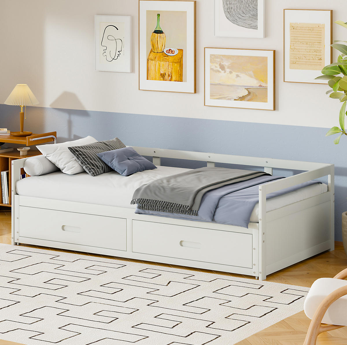 BETT aus Kiefernholz 90/180x200 cm Weiß mit Ausziehfunktion und 2 Schubladen - Weiß, Holzwerkstoff (90/200cm) - Modfu