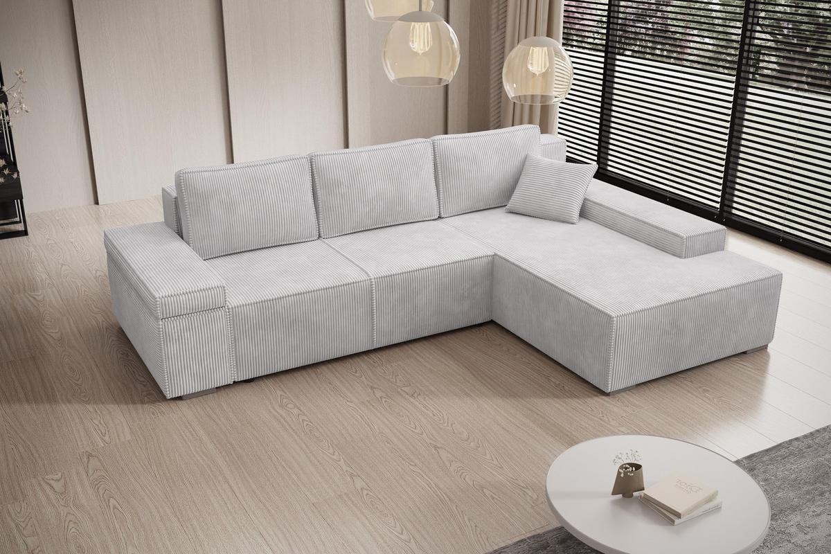 ECKSOFA Milo mit Schlaffunktion und Bettkasten, Couch L-Form, Cord-Stoff, 273x85x185 cm, Grau - Grau, Holz (273/185cm) - PROMETO Möbel