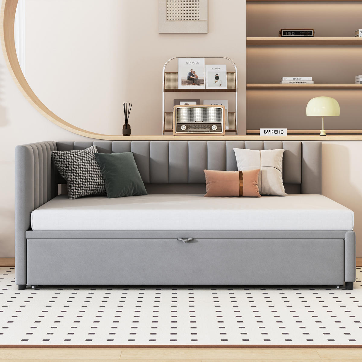 POLSTERBETT 90/180 cm grau aus Samt mit ausziehbarem Bett - Grau, Textil (90/180cm) - OKWISH