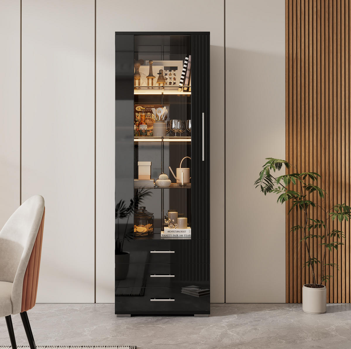 VITRINE 60/35/180 cm Schwarz aus MDF mit LED-Beleuchtung - Schwarz, Holzwerkstoff (35/180/60cm) - OKMYHOME