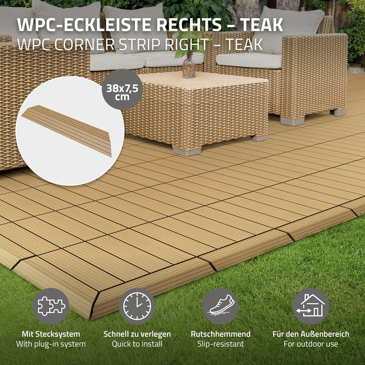 ZÁVĚROVÁ LIŠTA WPC pravý roh teak - barva starého dubu, kompozitní dřevo (38/2/7.5cm) - ML-DESIGN