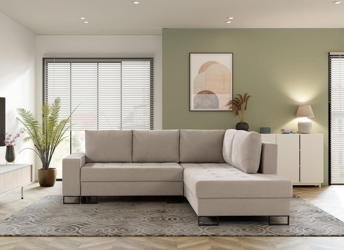ECKSOFA mit Schlaffunktion Rechts Beige Chenille - 245x200 cm - Trevi - Beige/Schwarz, Holz/Holzwerkstoff (245/200cm) - Ravio