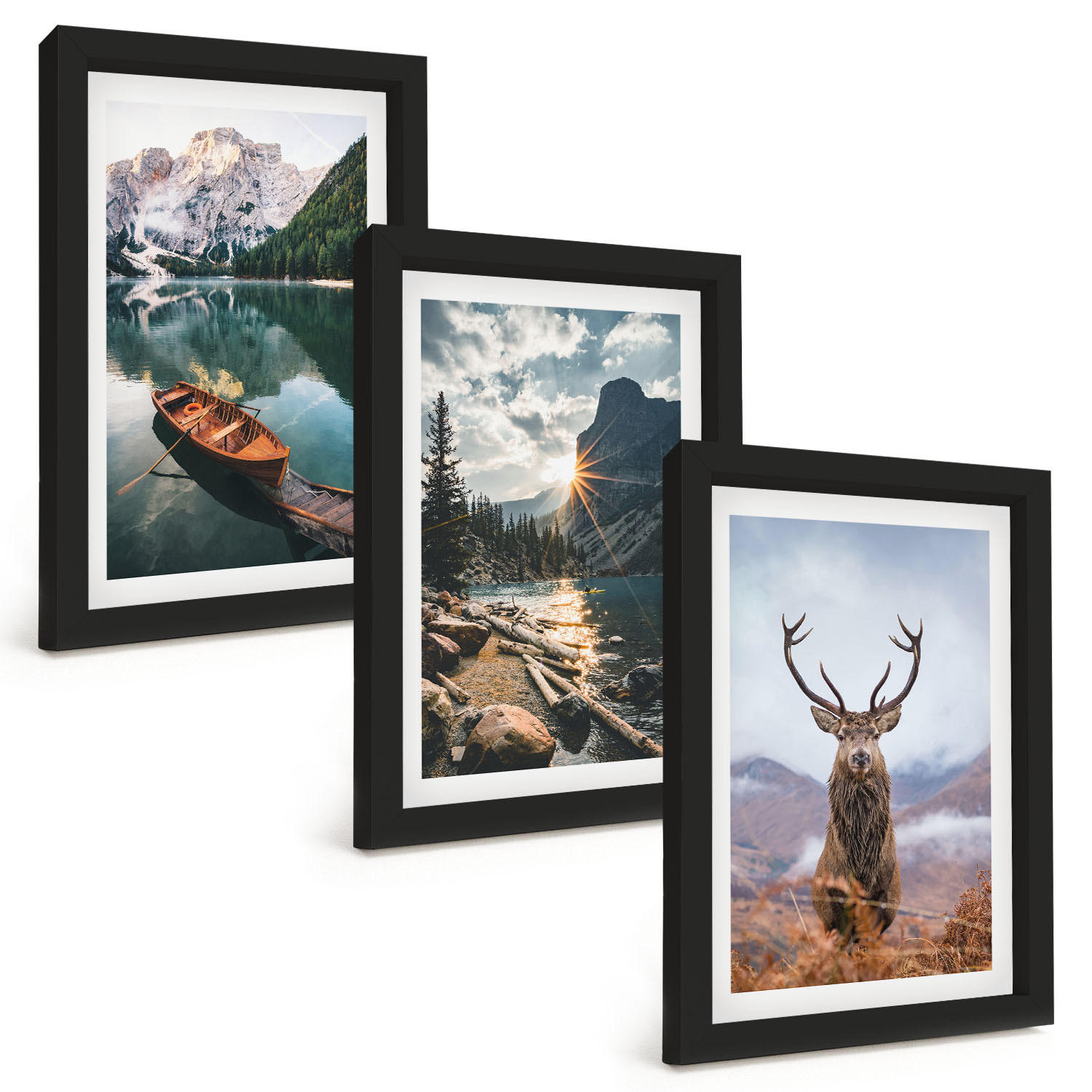 BILDER SET 3er Set - 20x30 cm Schwarzer Rahmen - Bergsee, Bootsfahrt, Sonnenuntergang, Hirsche - Schwarz, Kunststoff (20/30cm) - TULUP