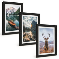 BILDER SET 3er Set - 20x30 cm Schwarzer Rahmen - Bergsee, Bootsfahrt, Sonnenuntergang, Hirsche - Schwarz, Kunststoff (20/30cm) - TULUP