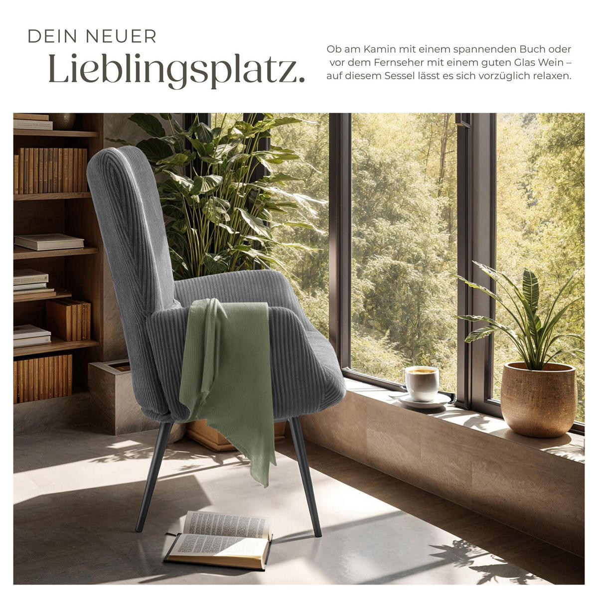 SESSEL Hygge,72 x 76 x 100,5 cm,Breitcord anthrazit/schwarz - Anthrazit/Schwarz, Kunststoff (72/100.5/76cm) - tectake